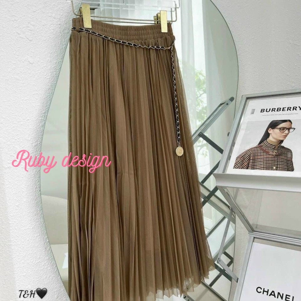 Chân váy dài , chân váy xếp ly lưới kèm đai xích tiểu thư dáng dài hàng Quảng Châu cao cấp nhiều màu