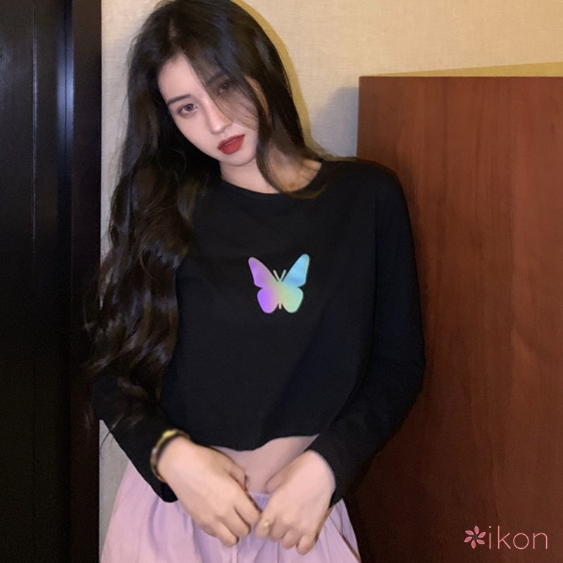 Áo Tay Dài Dáng Ôm In Hình Bướm Phản Quang Thời Trang Mùa Thu Cho Nữ