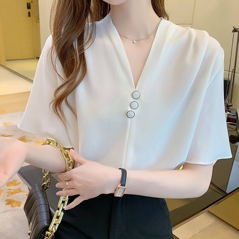Áo Sơ Mi Voan Ngắn Tay Cổ Chữ V Màu Trơn Thời Trang Mùa Hè Phong Cách Hàn Quốc Cho Nữ