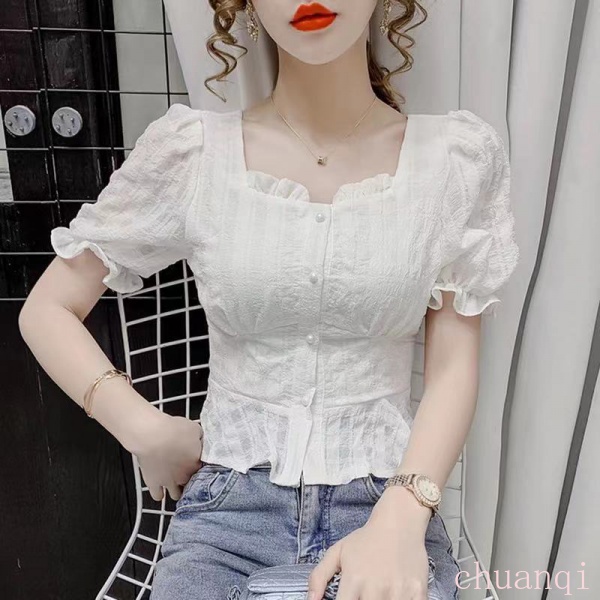 Áo sơ mi chiffon tay phồng cổ vuông phong cách mùa hè cho nữ | BigBuy360 - bigbuy360.vn
