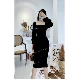 đầm body cổ vuông tay dài phồng