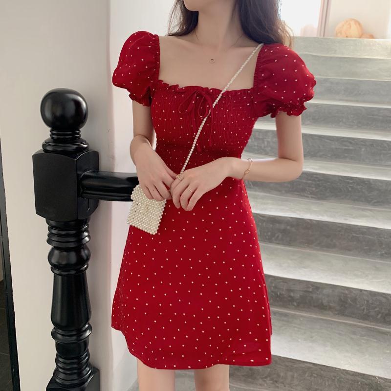 Đầm tay phồng cổ vuông eo cao in họa tiết chấm bi thời trang mùa hè thanh lịch dành cho nữ