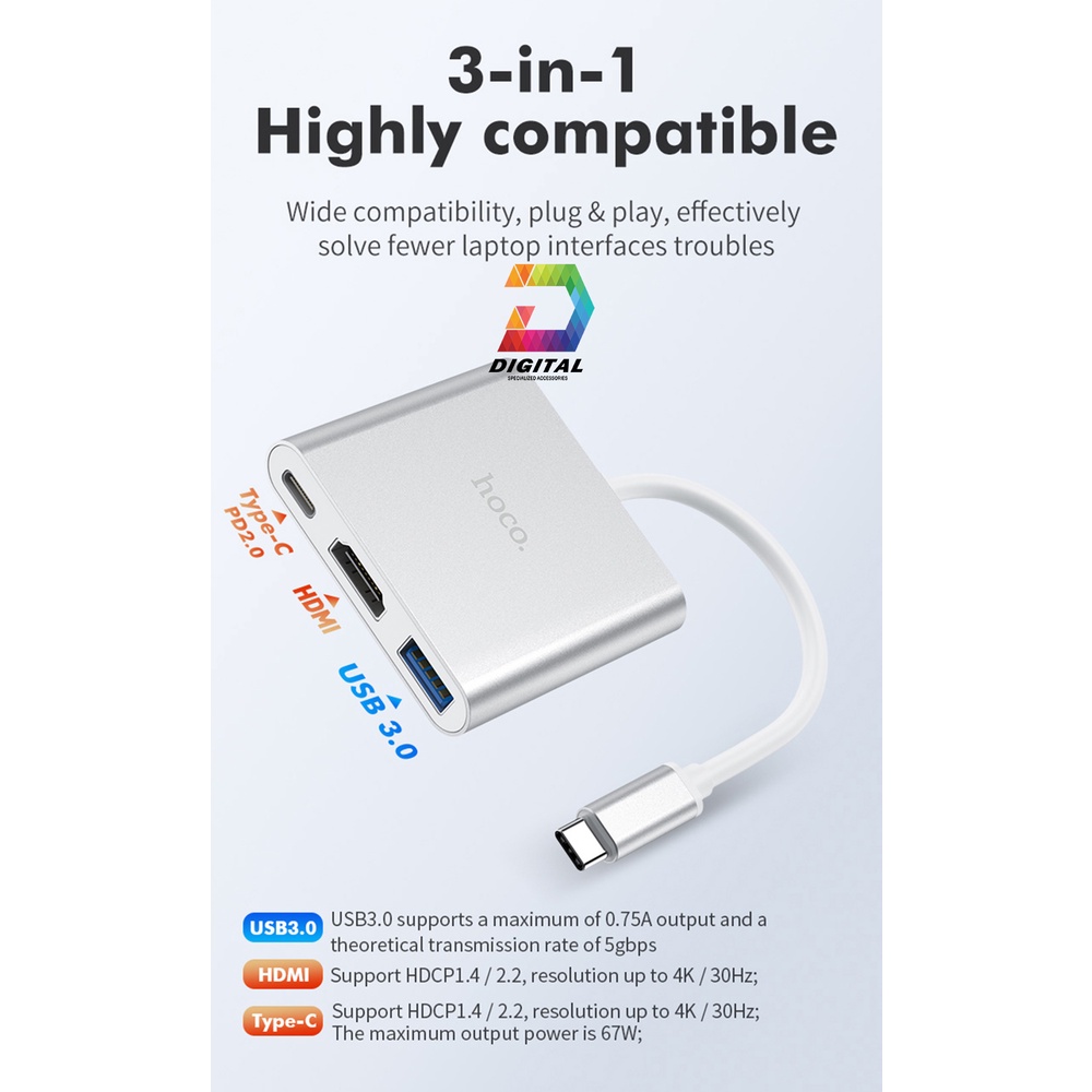 Hub Chuyển Type C Ra USB 3.0 , HDMI &amp; PD 2.0 Hoco HB14 Chính Hãng