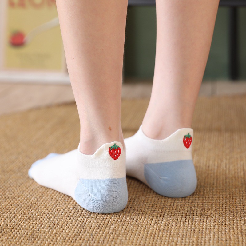 WAFNHA D269 Vớ Cotton Cổ Thấp Thêu Hình Dâu Tây/Hoạt Hình Dễ Thương Màu Xanh Dương Nhạt Thời Trang