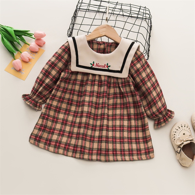 Đầm Công Chúa Tay Dài Cổ Búp Bê Họa Tiết Kẻ Sọc Thời Trang Mùa Thu Mới Cho Bé Gái 0-3 Tuổi