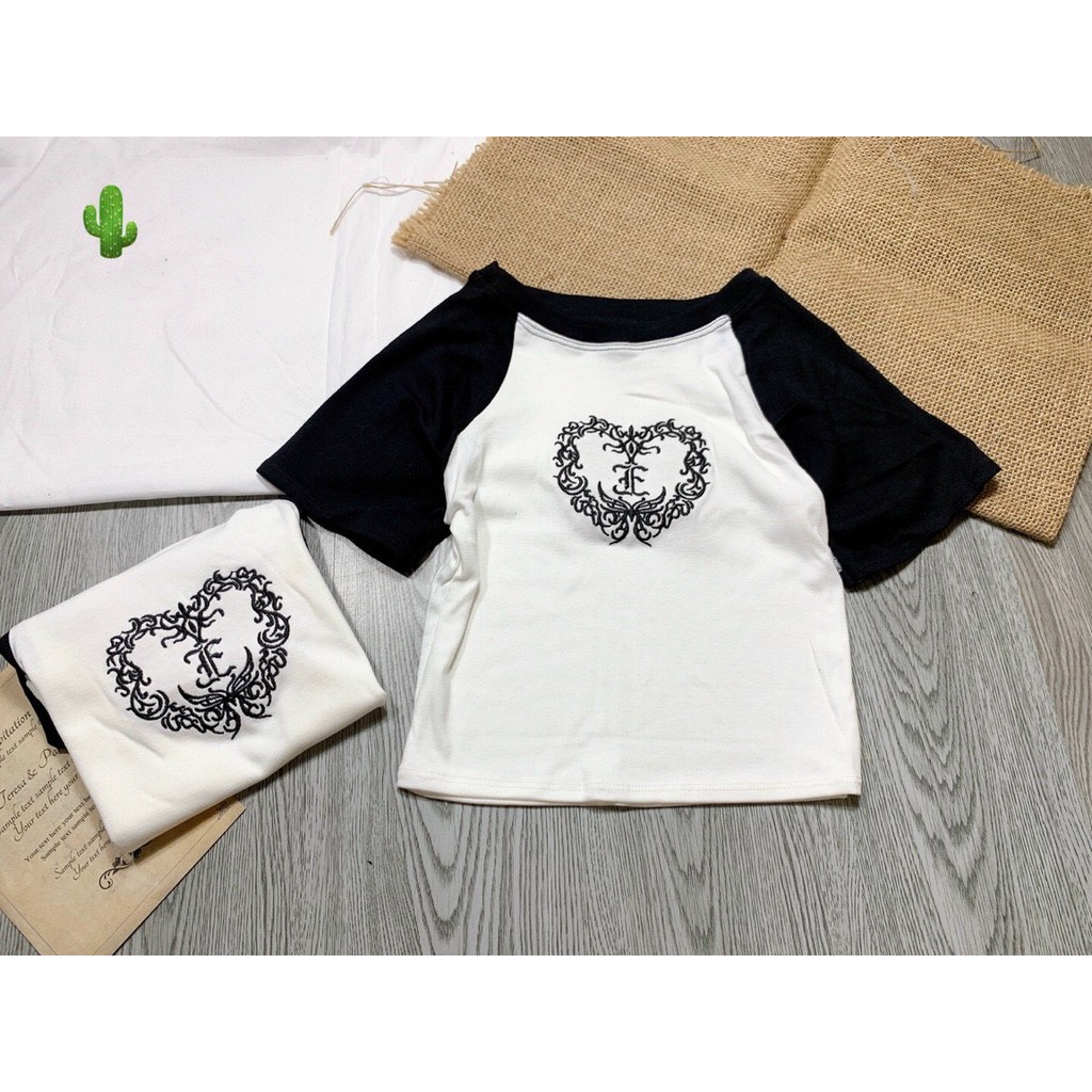 Áo thun nữ croptop tay ngắn cổ tròn in tim xinh pc