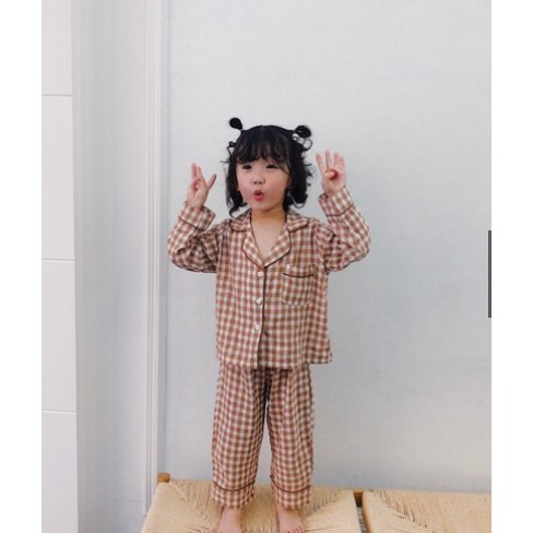 Bộ Pijama Kẻ Caro Dài Tay Chất Đũi Cho Bé Trai  Và Bé Gái Minke Soon 6-19kg