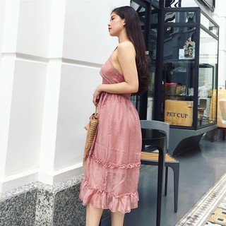 Váy hoa cổ yếm voan tơ MS1492