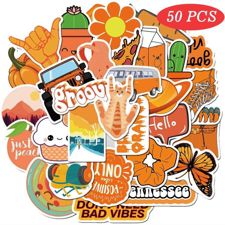 Bộ 200 sticker chủ đề màu cam phong cách dùng để trang trí điện thoại di động/ván trượt/vali không để lại dấu keo