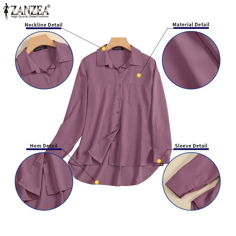 Áo Sơ Mi Dài Tay Màu Trơn Có Túi Thời Trang Nữ ZANZEA