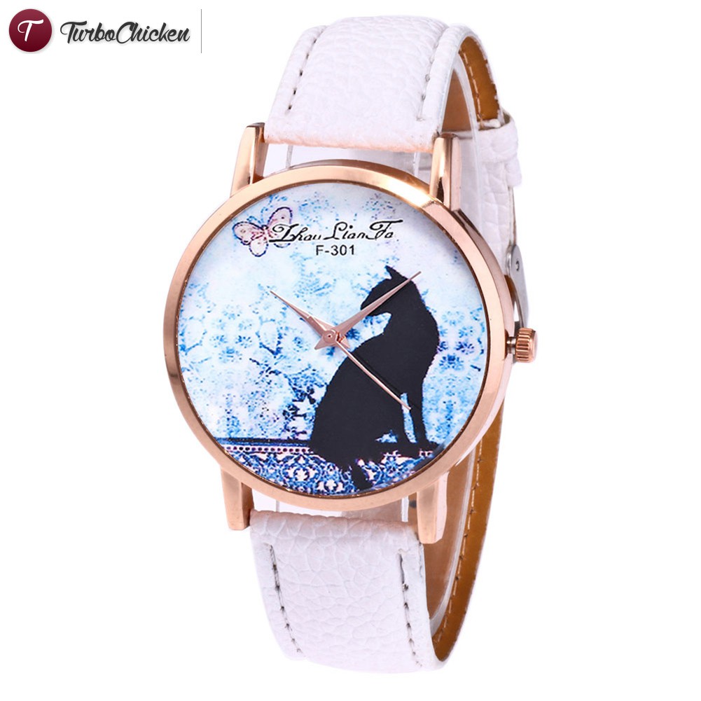 #Đồng hồ đeo tay# Couple Quartz Watches Women Casual Watches with Round Dial Faux Leather Strap Cartoon Cat Printed
