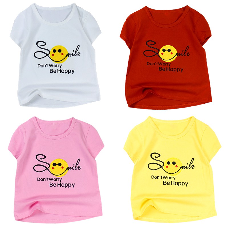 Áo thun bé gái size nhí - đại tay ngắn thêu mặt cười và chữ Smile 6 tháng 7 tuổi từ 8 đến 22 kg 05935-05938