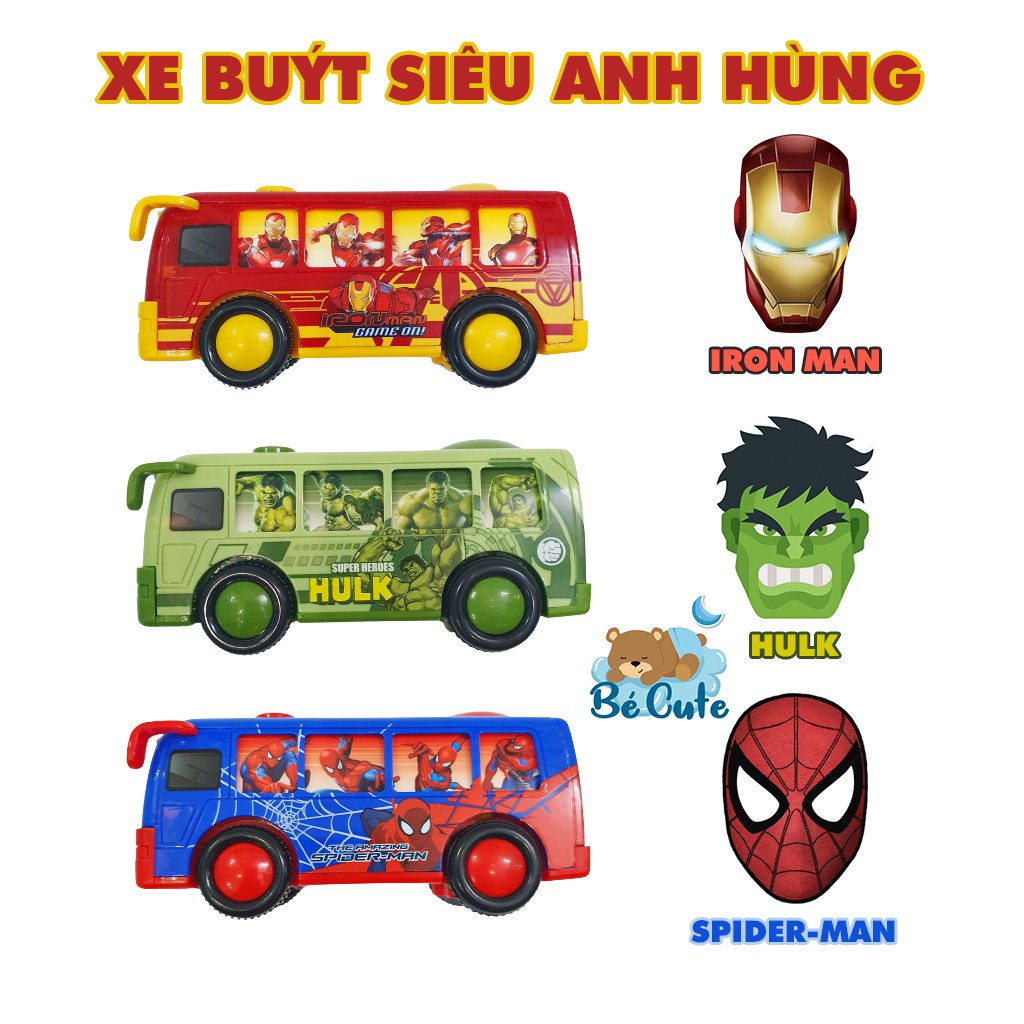 Xe Buýt Đồ Chơi Siêu Anh Hùng Spder Man Đỏ Xanh Hulk Xanh Lá Iron Man Đỏ Vàng Chạy Trớn Nhẹ Nhàng Lúc Lắc Hài Hước