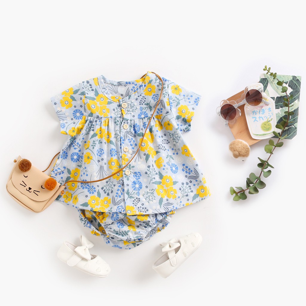 Bộ Đồ Liền Thân SANLUTOZ Cotton Tay Ngắn In Hoa Dành Cho Bé Gái