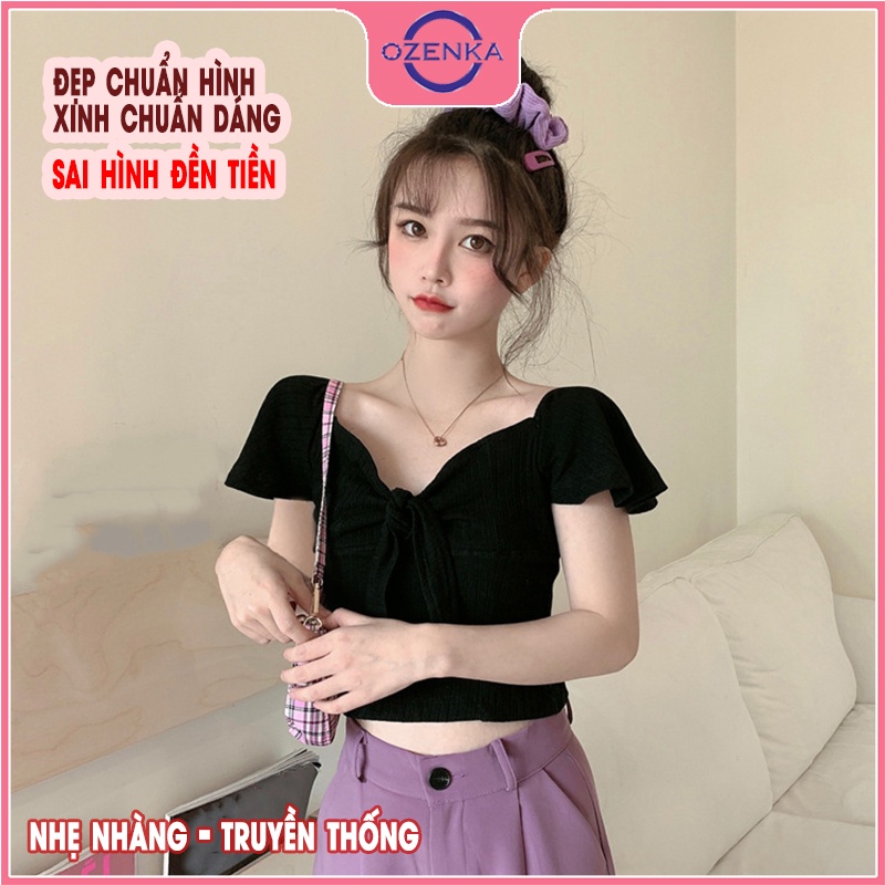 Áo croptop ngắn tay cánh tiên nữ OZENKA , áo thun ôm trễ vai gợi cảm nữ tính thun gân 100% cotton đen trắng dưới 50kg