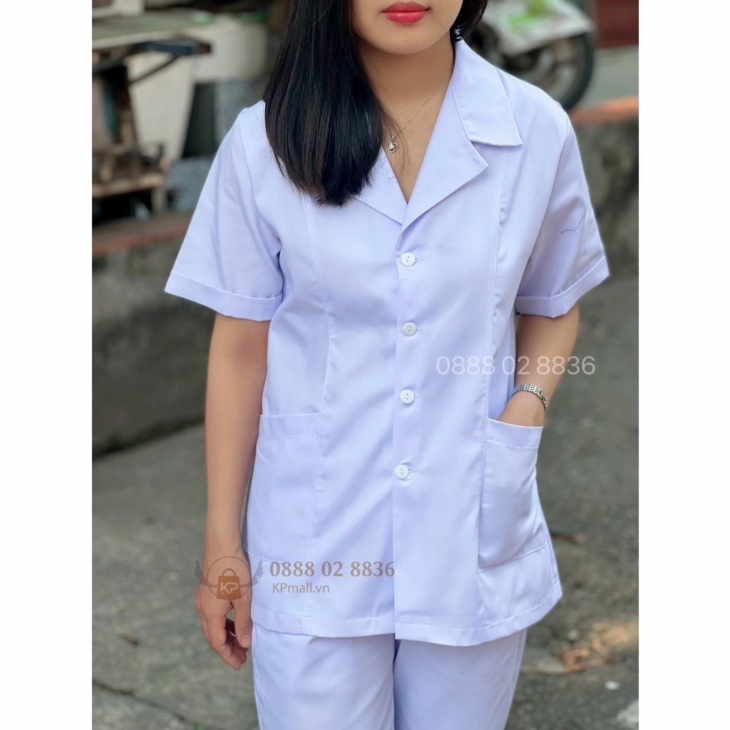 Bộ quần áo blouse trắng cộc tay Nữ - Áo blu trắng trơn xẻ túi chéo dáng ngắn qua hông cho dược sỹ, điều dưỡng, y tá, spa