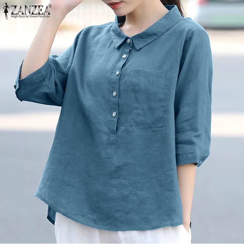 Áo Sơ Mi Tay Lửng Màu Trơn Thời Trang Cho Nữ ZANZEA