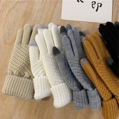 Hàn Quốc ins mùa thu và mùa đông ấm áp sinh viên Găng Tay Nam Nữ Len Sợi đan dày chống lạnh cưỡi năm ngón tay có thể chạ