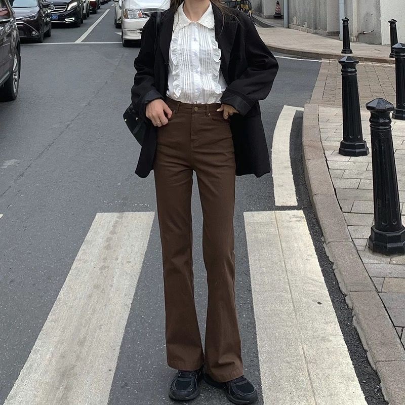 Quần jean dài ống loe lưng cao phong cách mùa thu 2021 mới cho nữ