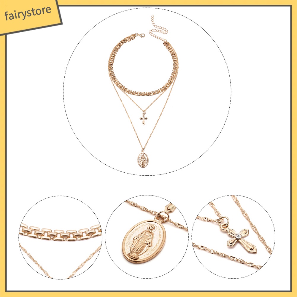 Dây chuyền đa lớp mặt hình chúa jesus và thánh giá thời trang