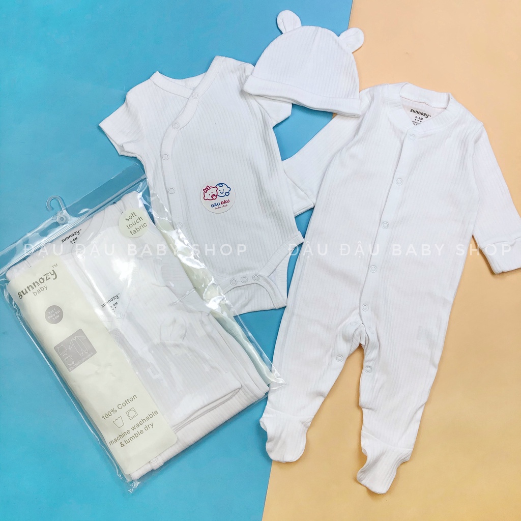 Set quà tặng sơ sinh Sunnozy, set body cotton trắng đồng bộ kèm mũ cho bé 0-6m