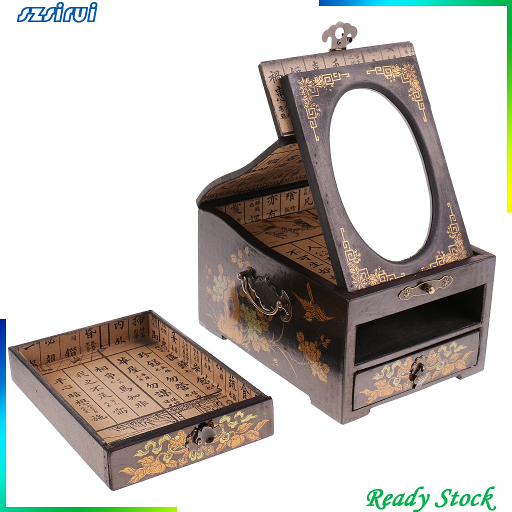 Hộp Đựng Trang Sức Bằng Gỗ 2 Ngăn Kéo 1 Gương Phong Cách Vintage Ốp