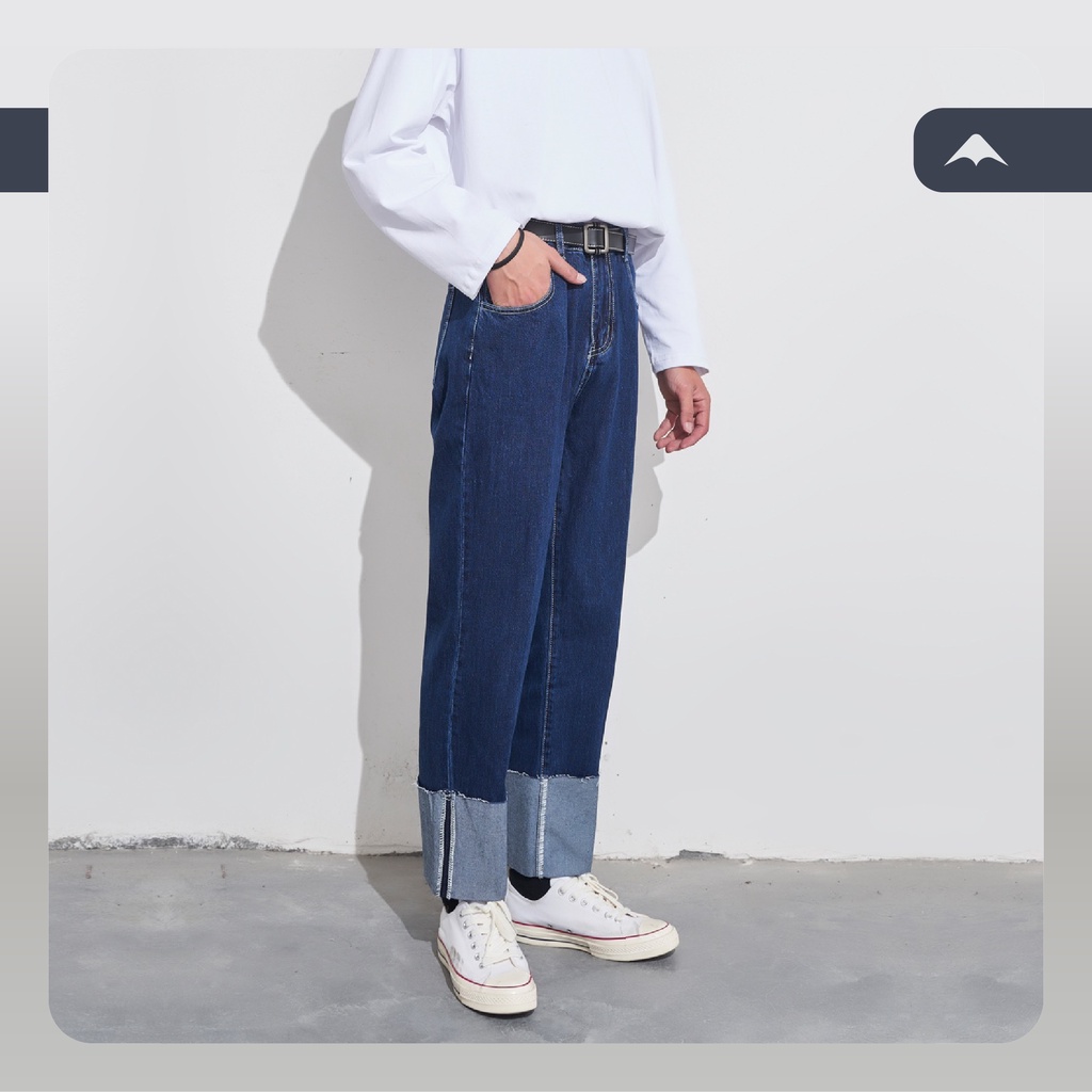 Quần jeans ống rộng sắn gấu Thomas MARTIAN cạp cao có cúc ống suông unisex cá tính quần bò denim Hàn Quốc QJXG01 | BigBuy360 - bigbuy360.vn