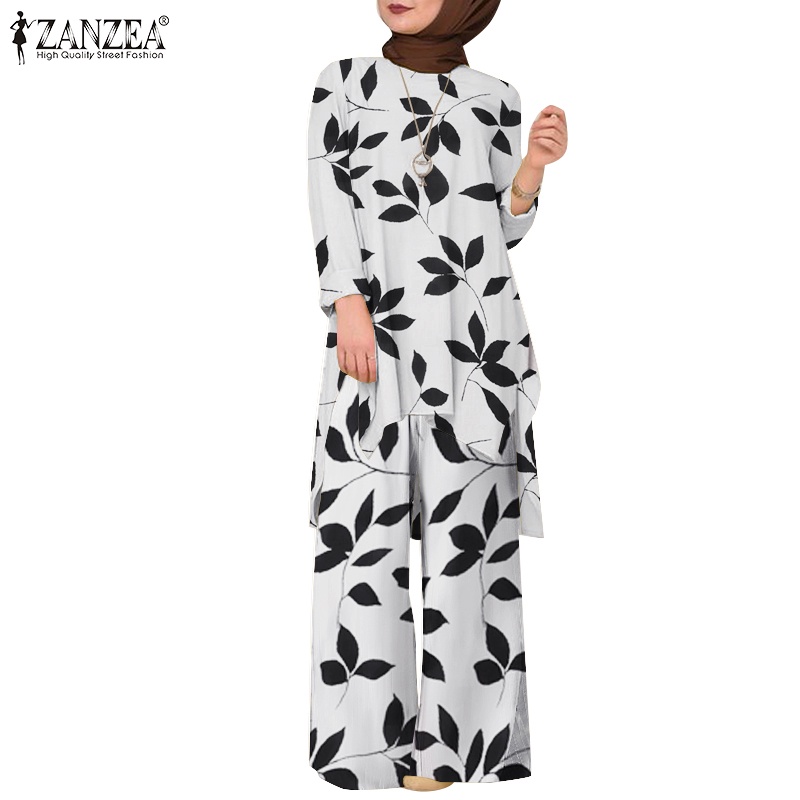 Zanzea Set Áo Thun Ngắn Tay + Chân Váy Xẻ Tà In Hoa Thời Trang Dành Cho Nữ