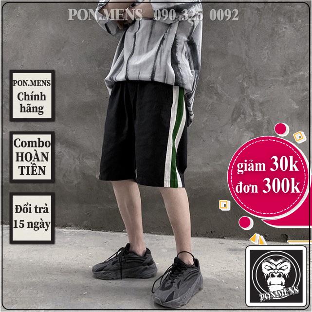 Quần short nam rộng lưng chun dây buộc màu đen 2 sọc trắng xanh đẹp Pon.mens