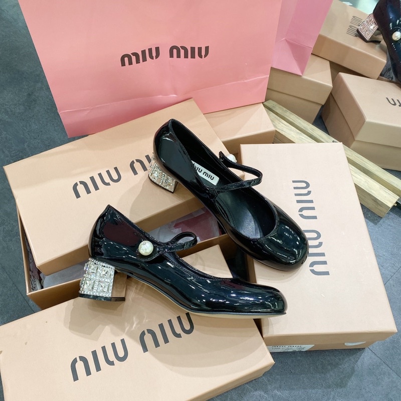 Giày cao gót búp bê miu miu gót bạc fullbox