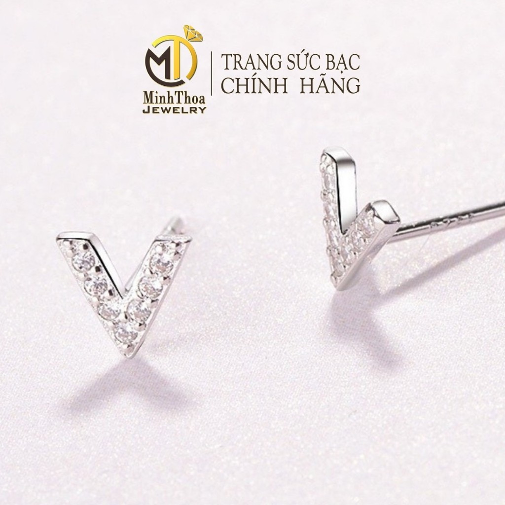 Bông tai nữ bạc đẹp ,hoa tai kiểu khuyên chữ V bạc ta đính đá- Minh Thoa JEWELRY