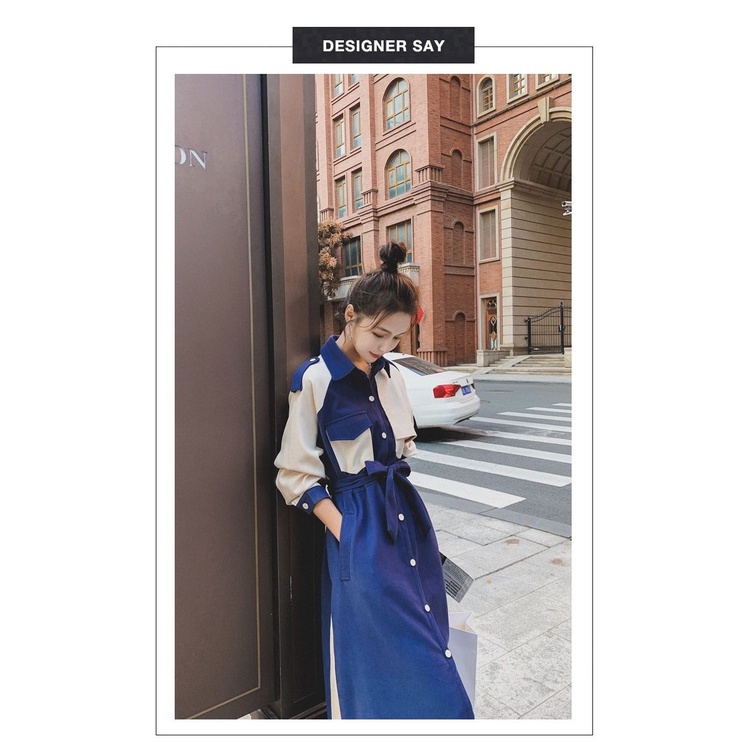 Platycodon grandiflorum French splicing dress Women's medium-long style 2022 Spring and Autumn New style long-sleeved Hepburn style long dress