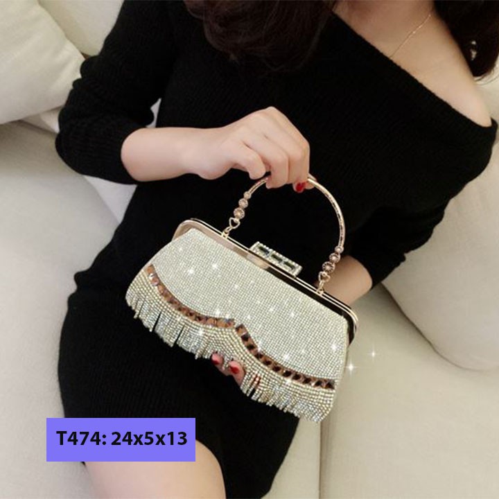 Ví nữ cầm tay dự tiệc đẹp, bóp cầm tay nữ dự tiệc, cưới đính đá tua rua sang trọng T474