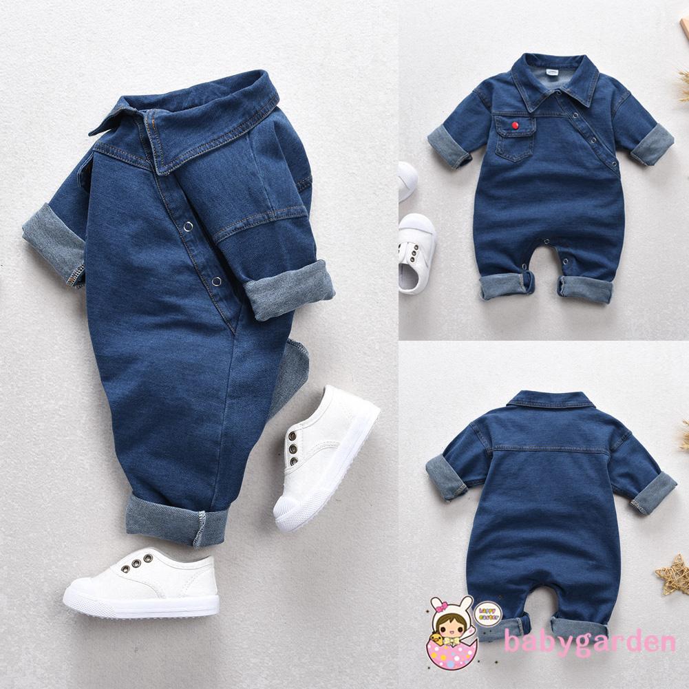 Romper dài tay bằng denim có túi đáng yêu cho bé