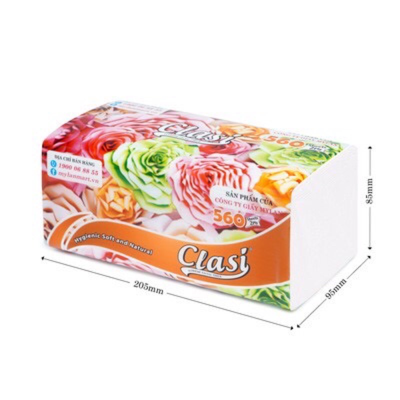 Giấy ăn, giấy rút clasi hoa hồng Mylan 3 lớp 560 tờ được làm từ bột gỗ thông nguyên chất bịch 4 gói