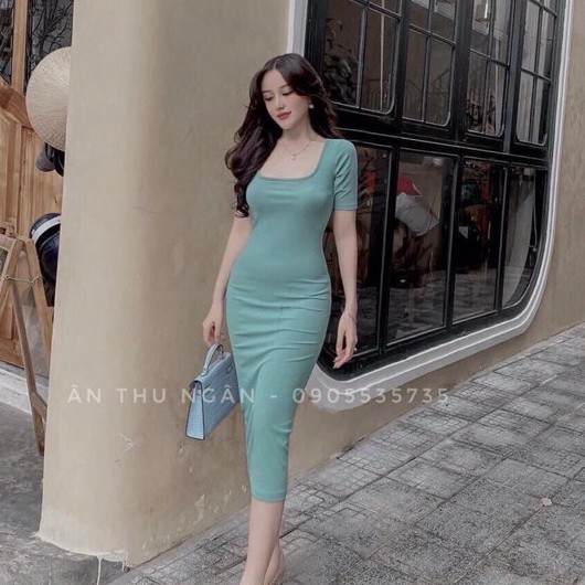 Váy body tay lỡ cổ vuông Bingshop dáng dài vải tăm co dãn | WebRaoVat - webraovat.net.vn