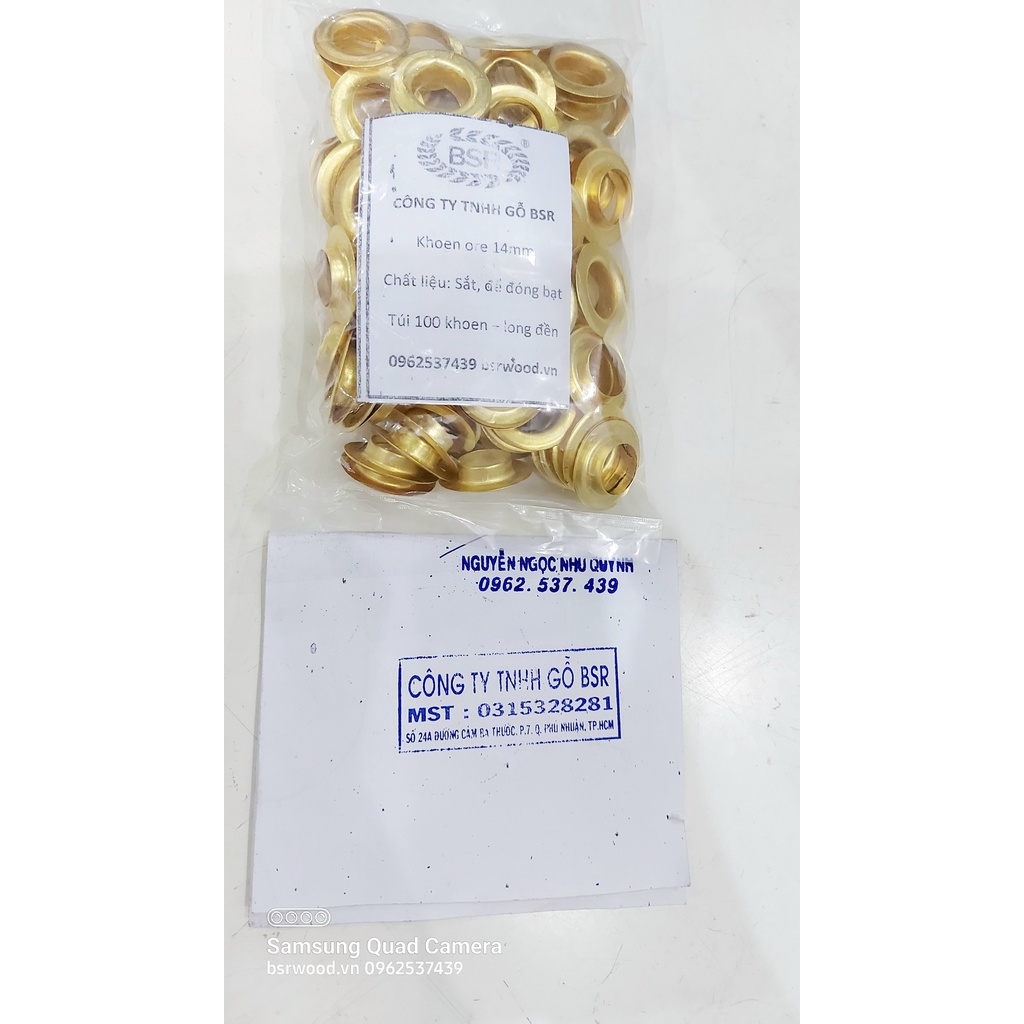 Khoen ore mắt cáo 14mm Bằng sắt xi màu VÀNG Khuy mắt cáo bấm bạt, túi giấy Túi 100 cái + 100 long đền