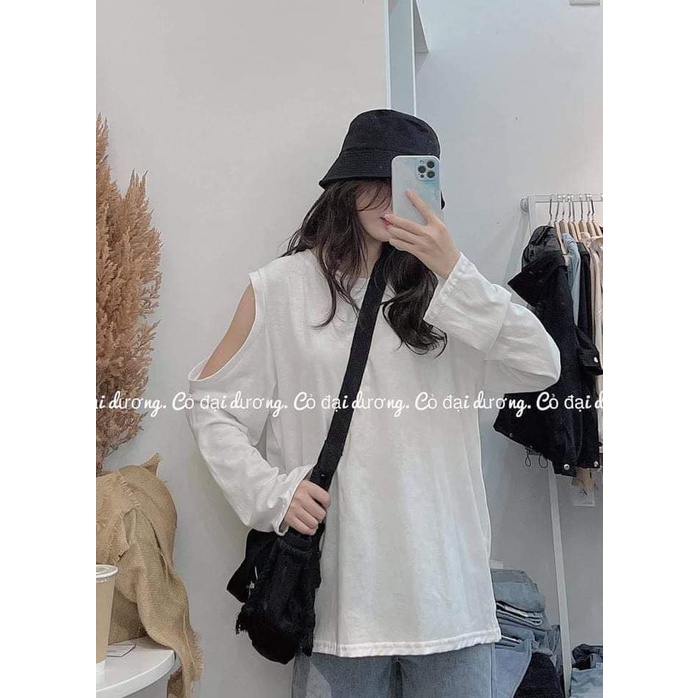 Áo thun khoét vai dài tay dáng rộng  Sweater hở vai sexy quyến rũ chất nỉ da cá Ulzzang