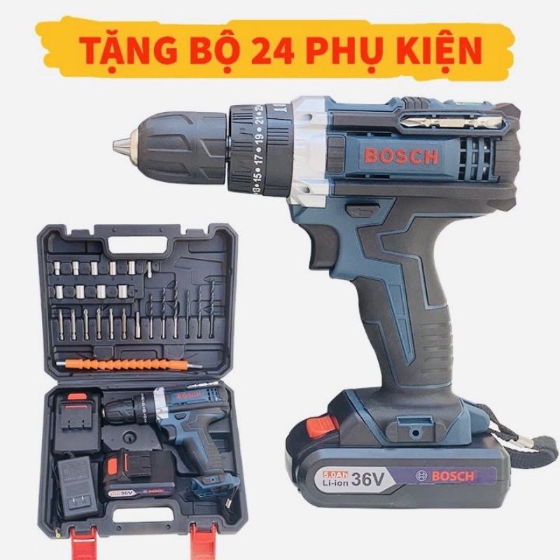 Máy Khoan Pin 36V Bosch 3 Chức Năng Có Búa-Tặng Bộ Phụ Kiện 24 Chi Tiết Hàng Loại 1