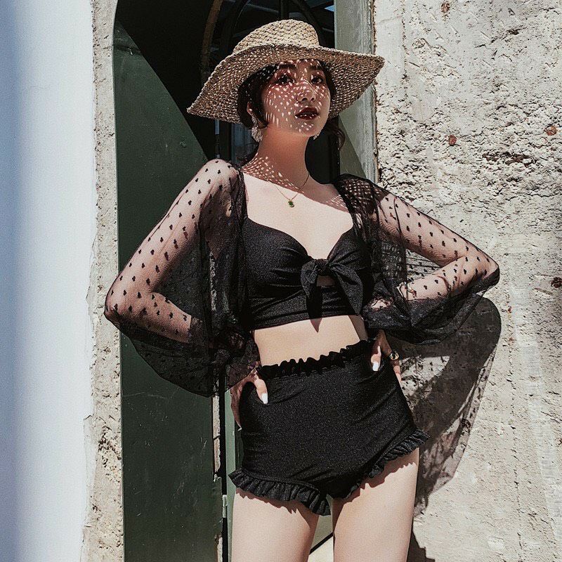 Bikini đồ bơi đi biển áo crop tay phồng lưới