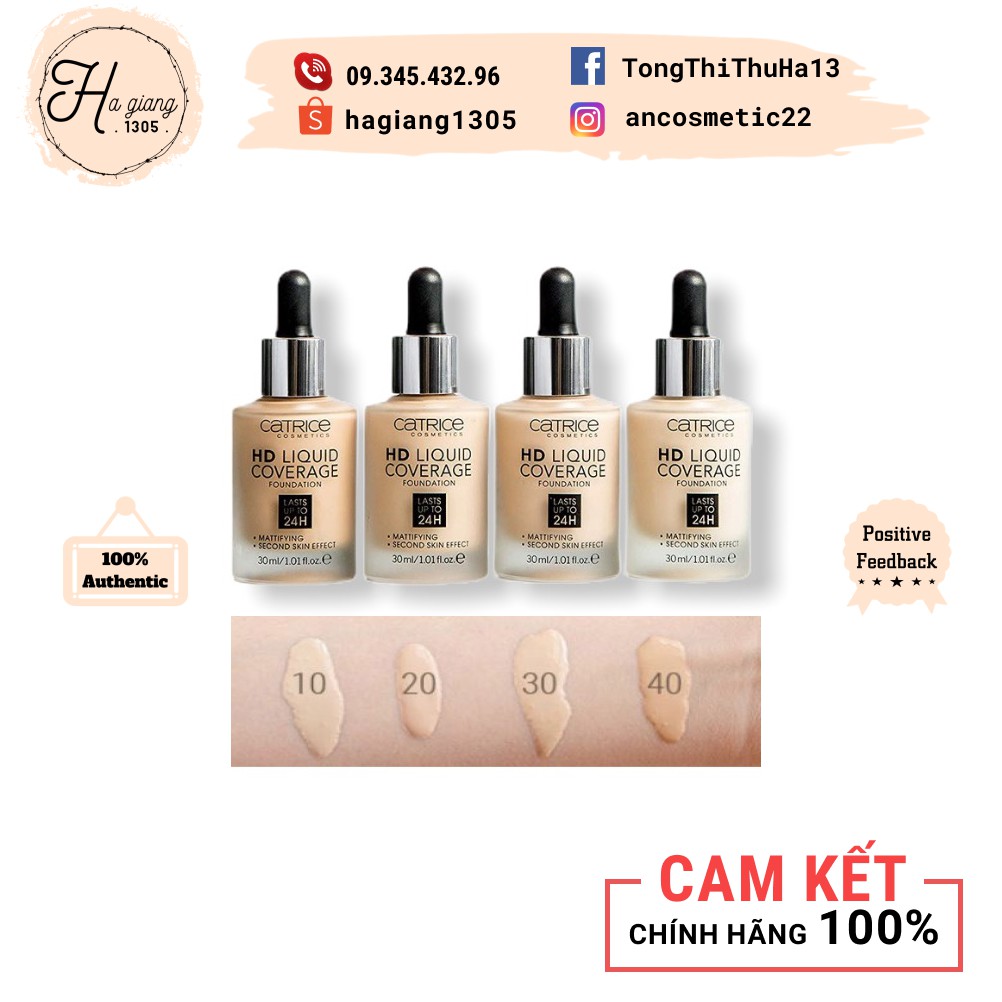 [Tone 10 và 20] Kem nền kiềm dầu Catrice HD 24h Liquid Coverage Foundation, Kem nền Catrice 24h kiềm dầu, che phủ tốt