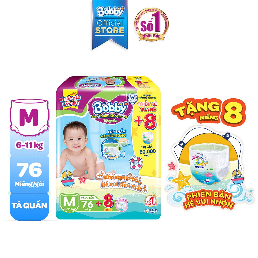 [Tặng 8 Miếng] Tã Quần Bobby Size M 76 Miếng