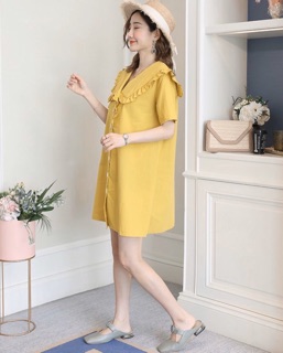 Đầm vàng cổ bèo nút trắng (kèm hình thật)