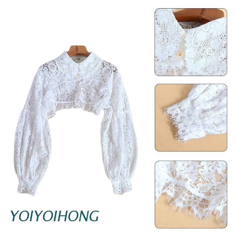 Áo Croptop Dài Tay Phối Ren Hoa Xinh Xắn Dành Cho Nữ