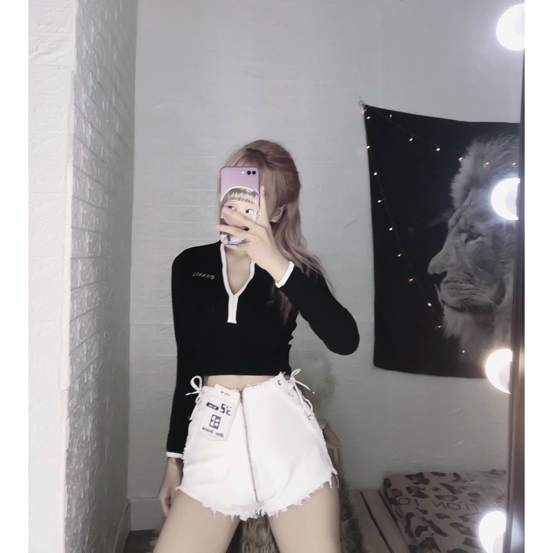 Áo kiểu croptop thun borip tay dài cổ viền Hình thật mẫu shop chụp