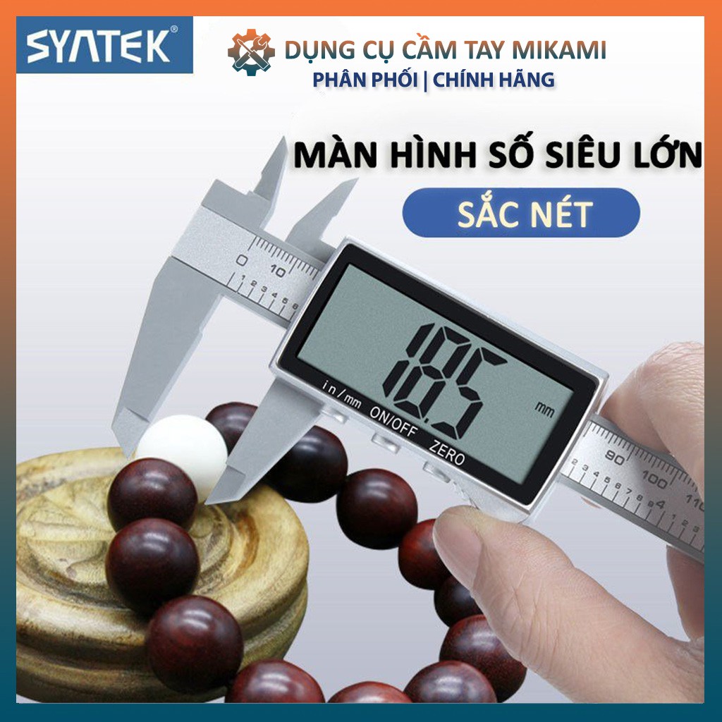 Thước kẹp điện tử 150mm Syntek màn hình LCD lớn sắc nét, dễ đọc, thước cặp nhựa ABSI độ bền cao, dùng pin CR2032