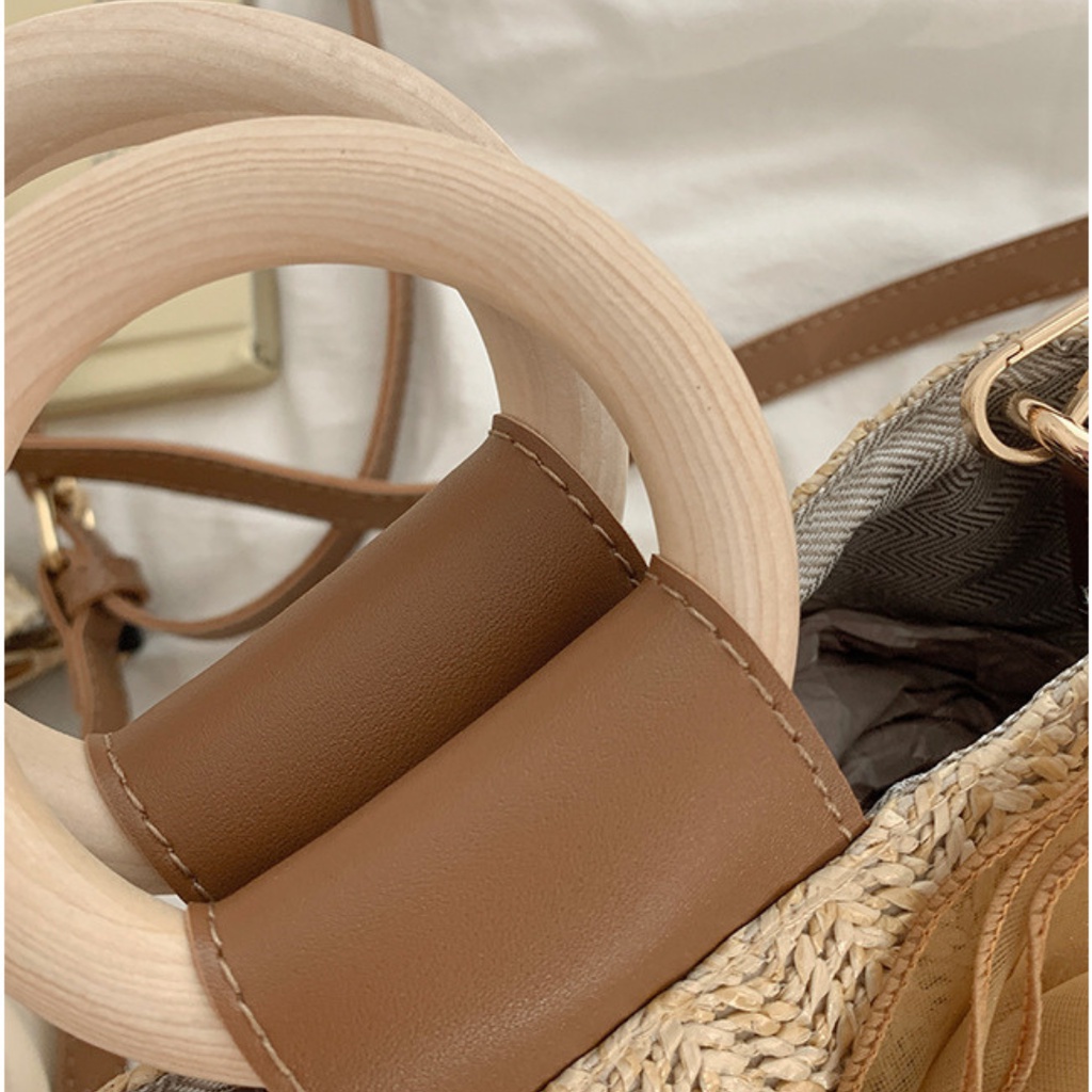 Túi Đeo Chéo Đan Cói Phối Ren Tay Cầm Thời Trang Đi Biển Mùa Hè Cho Nữ La.orie - La019