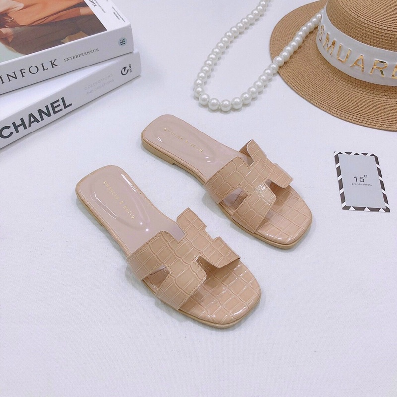 Dép bản H kiểu hm đế xẹp vân da bóng kháng nước cao cấp lên chân cực xinh - Chi Chanh Store