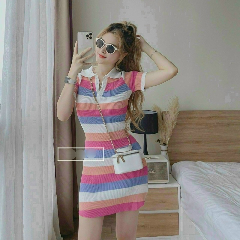 Váy body len polo kẻ sọc nhiều màu, Đầm len dáng ôm kẻ ngang co giãn VL1599 - NhiNhi Shop