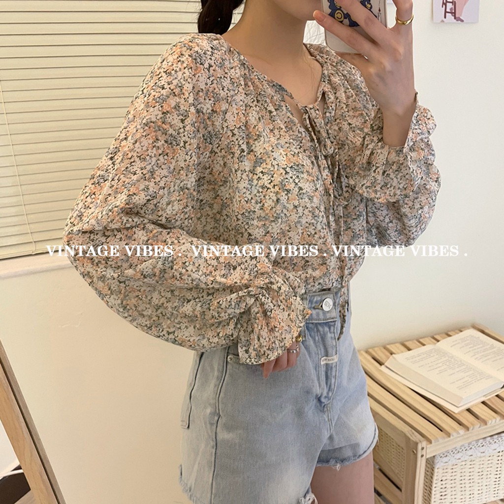 Áo babydoll hoa nhí vintage tay bèo tiểu thư Ulzzang - Hàng QC